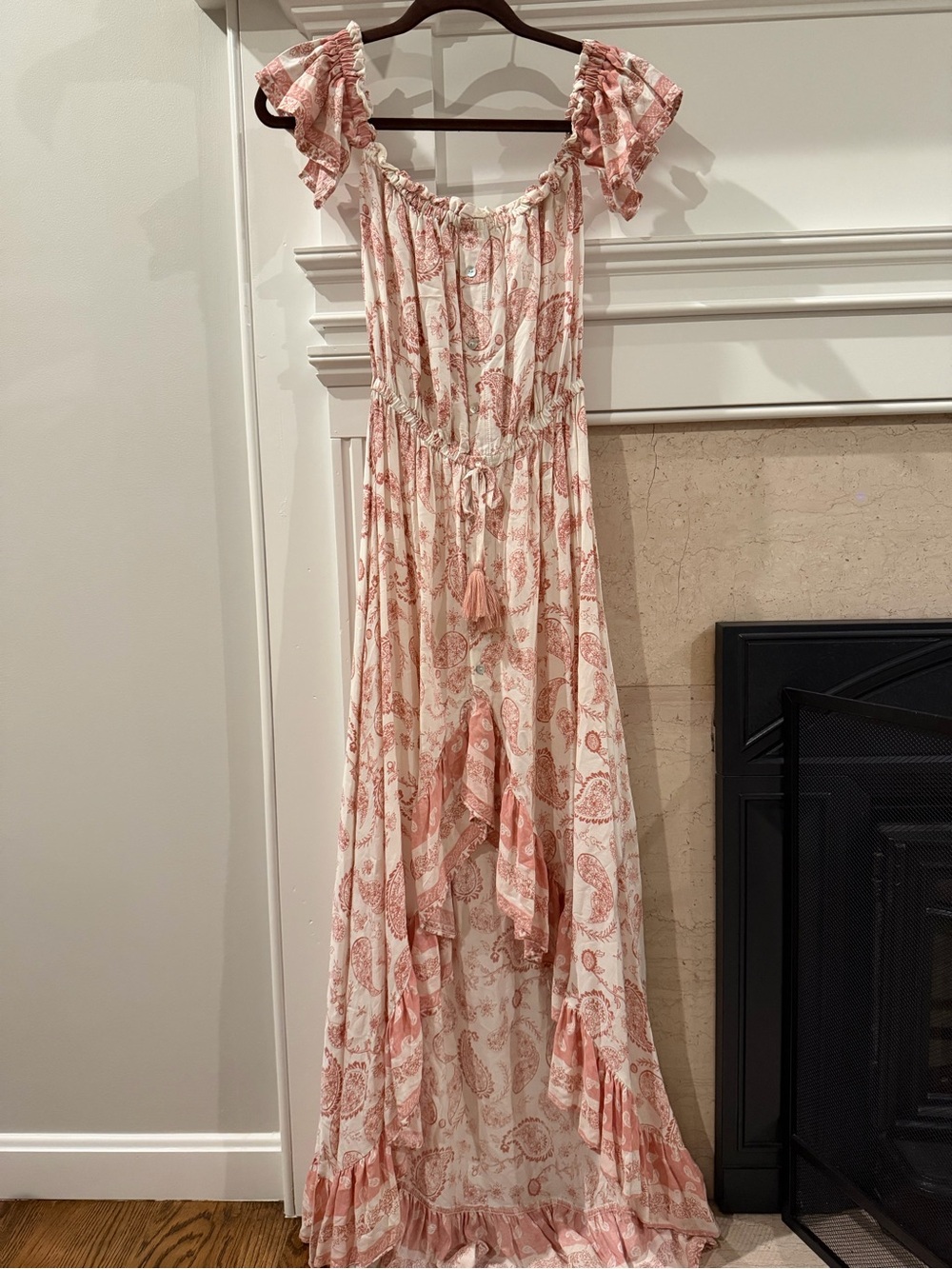 Surf Gypsy Boho Pink Paisley High Low Ruffle Maxi Dress